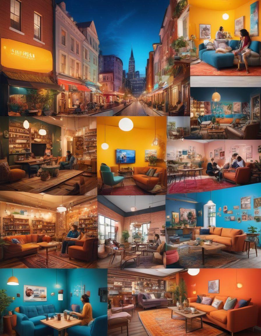 A vibrant collage showcasing a diverse group of creators filming vlogs in various settings, including a cityscape, a cozy living room, and a trendy café. Incorporate digital elements like social media icons and comment bubbles floating around, symbolizing engagement. Blend various cultures through clothing and background decorations, reflecting global perspectives in media. Highlight the contrast between traditional media and digital platforms. super-realistic. vibrant colors. 3D.