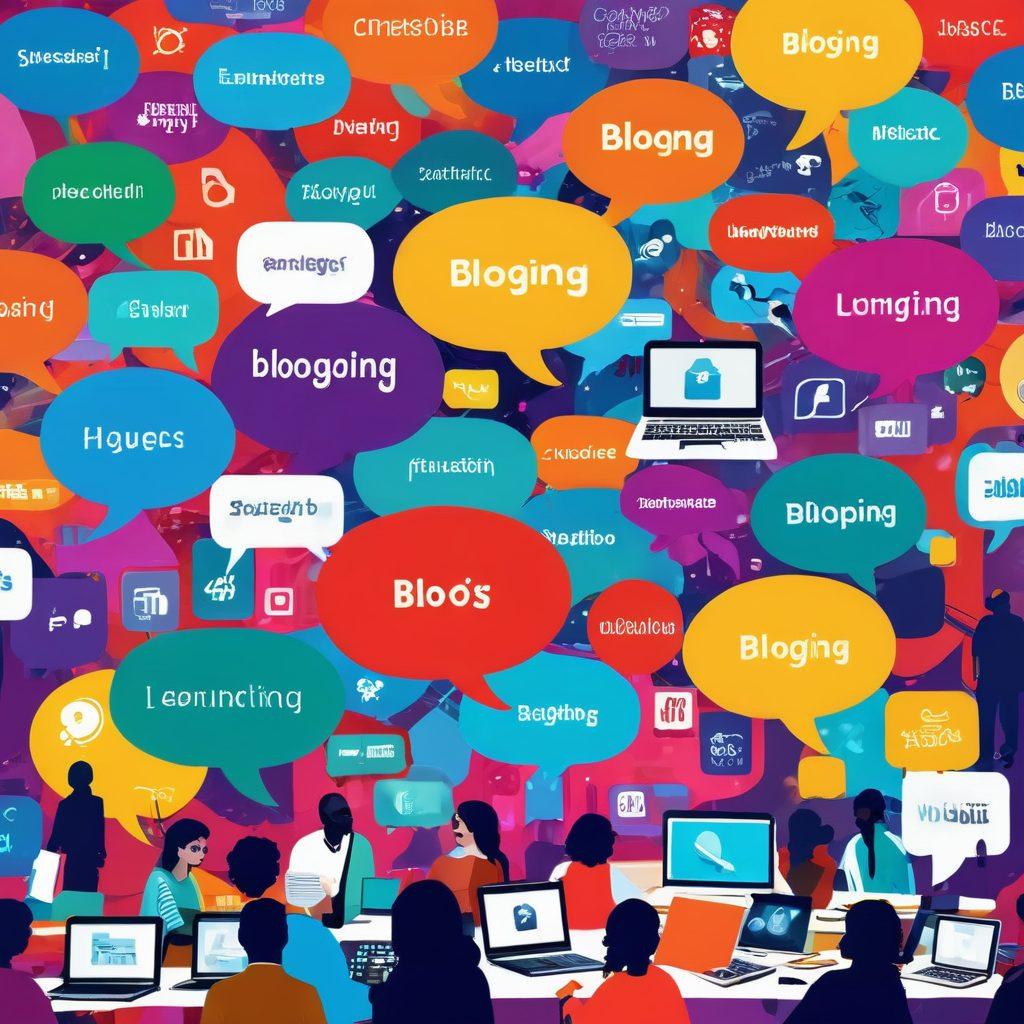 A dynamic digital landscape featuring diverse bloggers engaged in storytelling through various interactive mediums like videos, animations, and infographics. Illustrate a vibrant community atmosphere with colorful speech bubbles symbolizing interaction and engagement. Include elements of technology like laptops, smartphones, and futuristic interfaces to represent the evolution of blogging. Bright, engaging colors to emphasize creativity and interaction. digital art. vibrant colors.